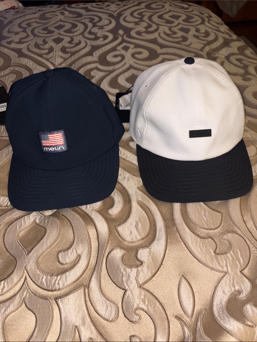 Melin Navy Blue Flag Patch/Black and White Cap NWT